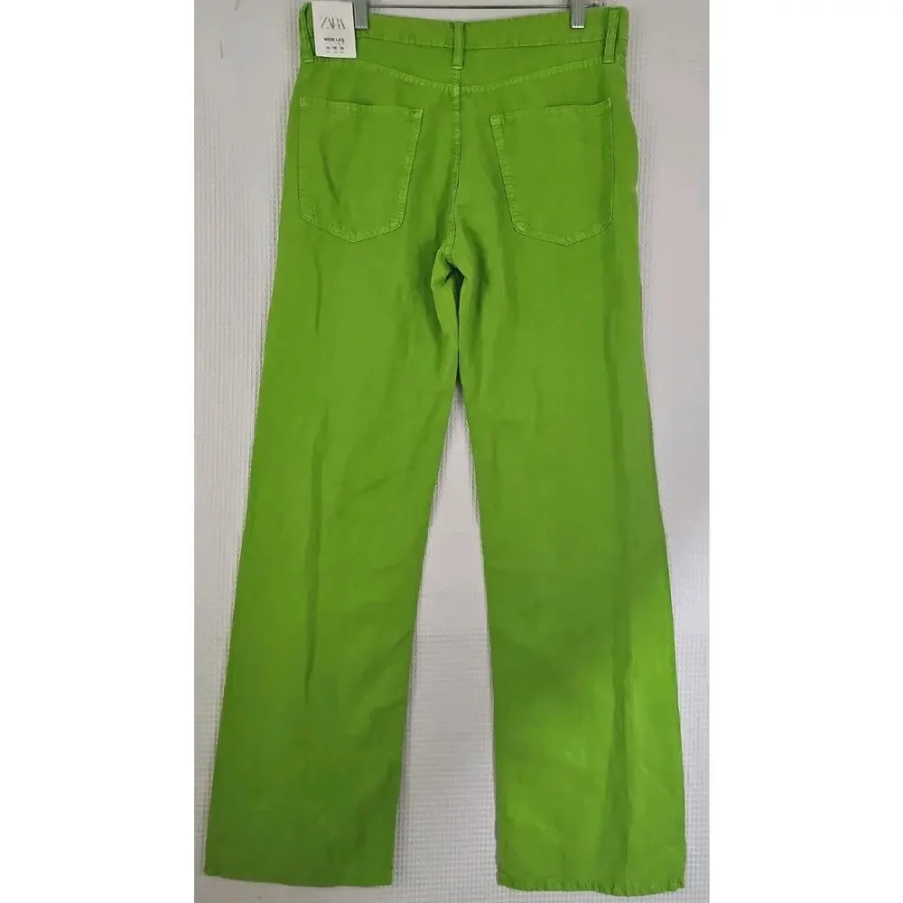 ZARA ~Woman Size 6(US)~ Apple Green Mid-Rise Linen Blend Wide Leg Pants NWT.